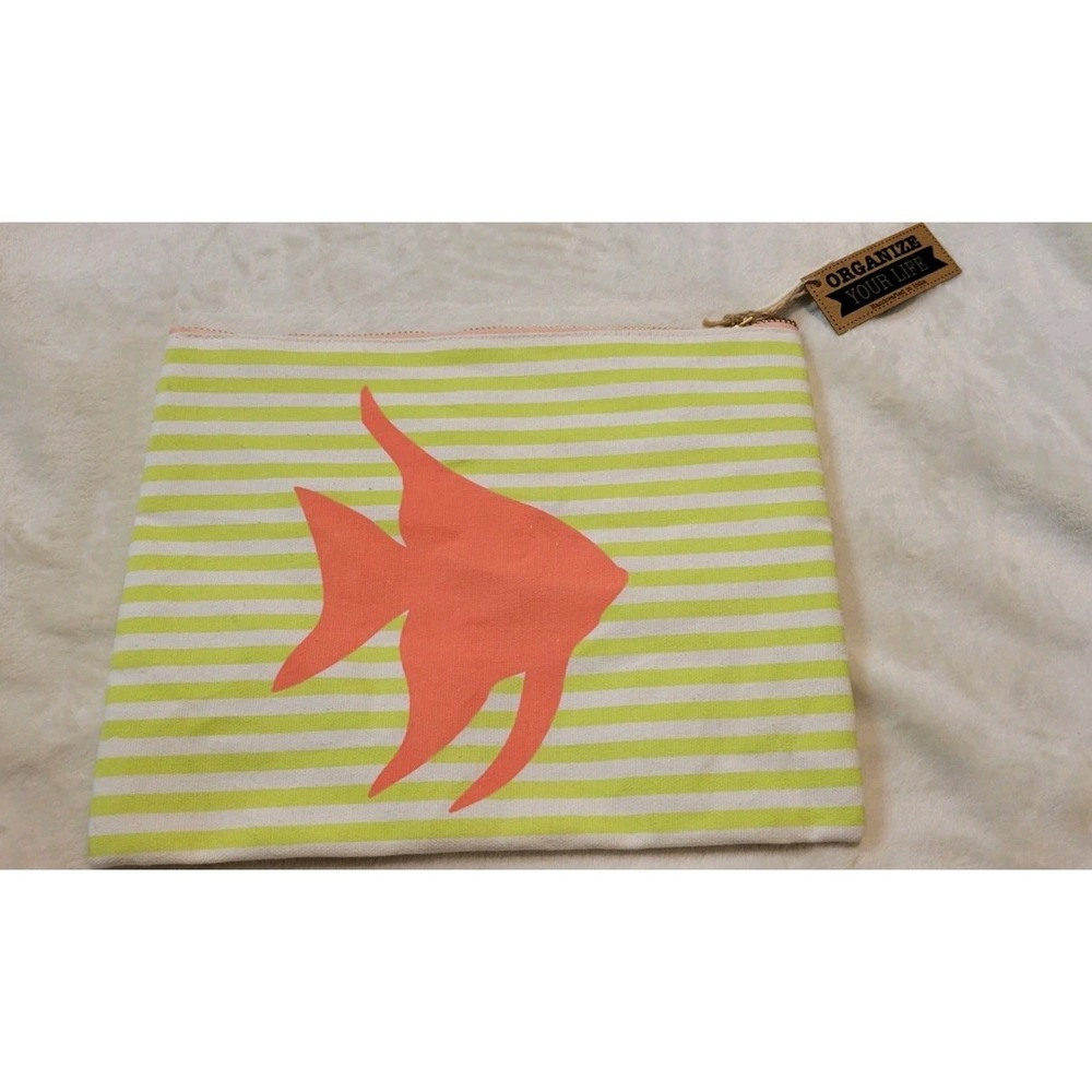 NEW GREEN STRIPED WITH FISH DESIGN COSMETIC BAG - Picture 2 of 3